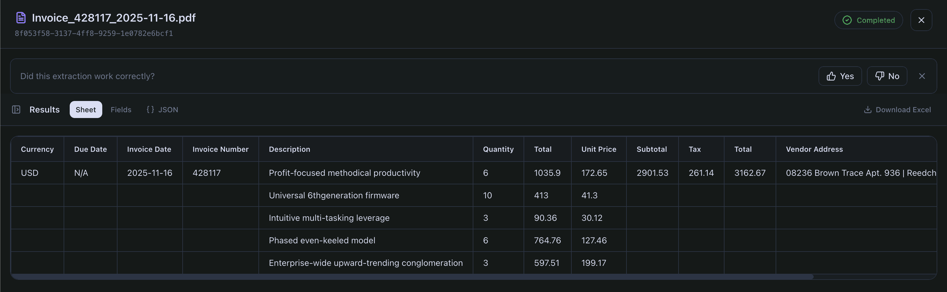 TrueParse showing an invoice it has read, marked completed, with its line items extracted into a table