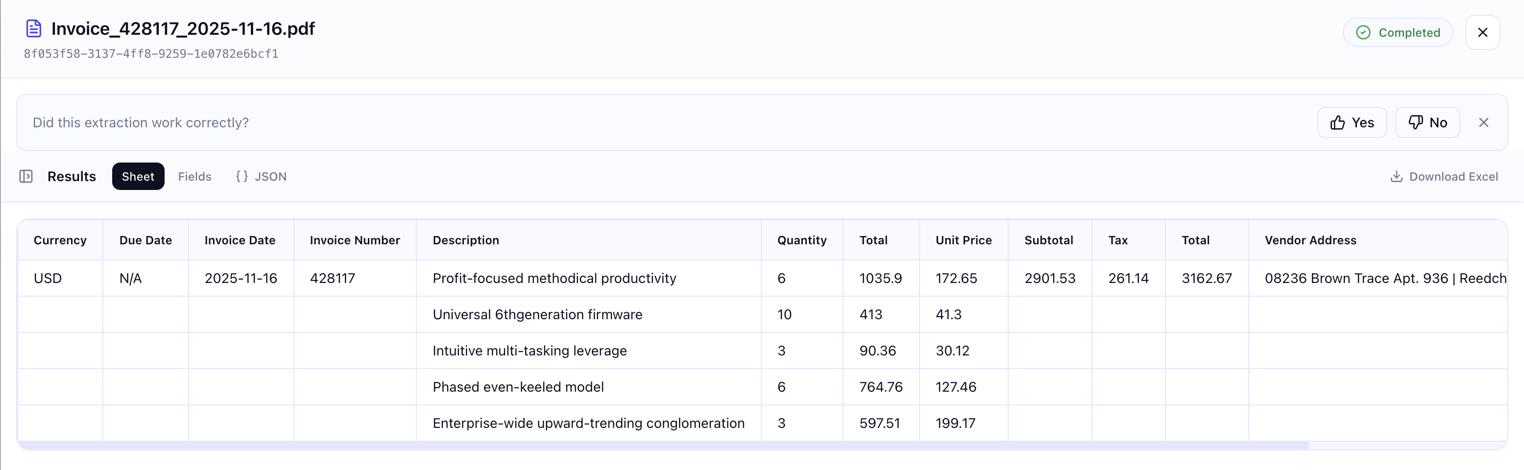 TrueParse showing an invoice it has read, marked completed, with its line items extracted into a table
