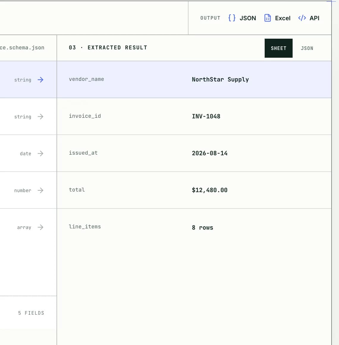 Close view of extracted invoice fields in TrueParse