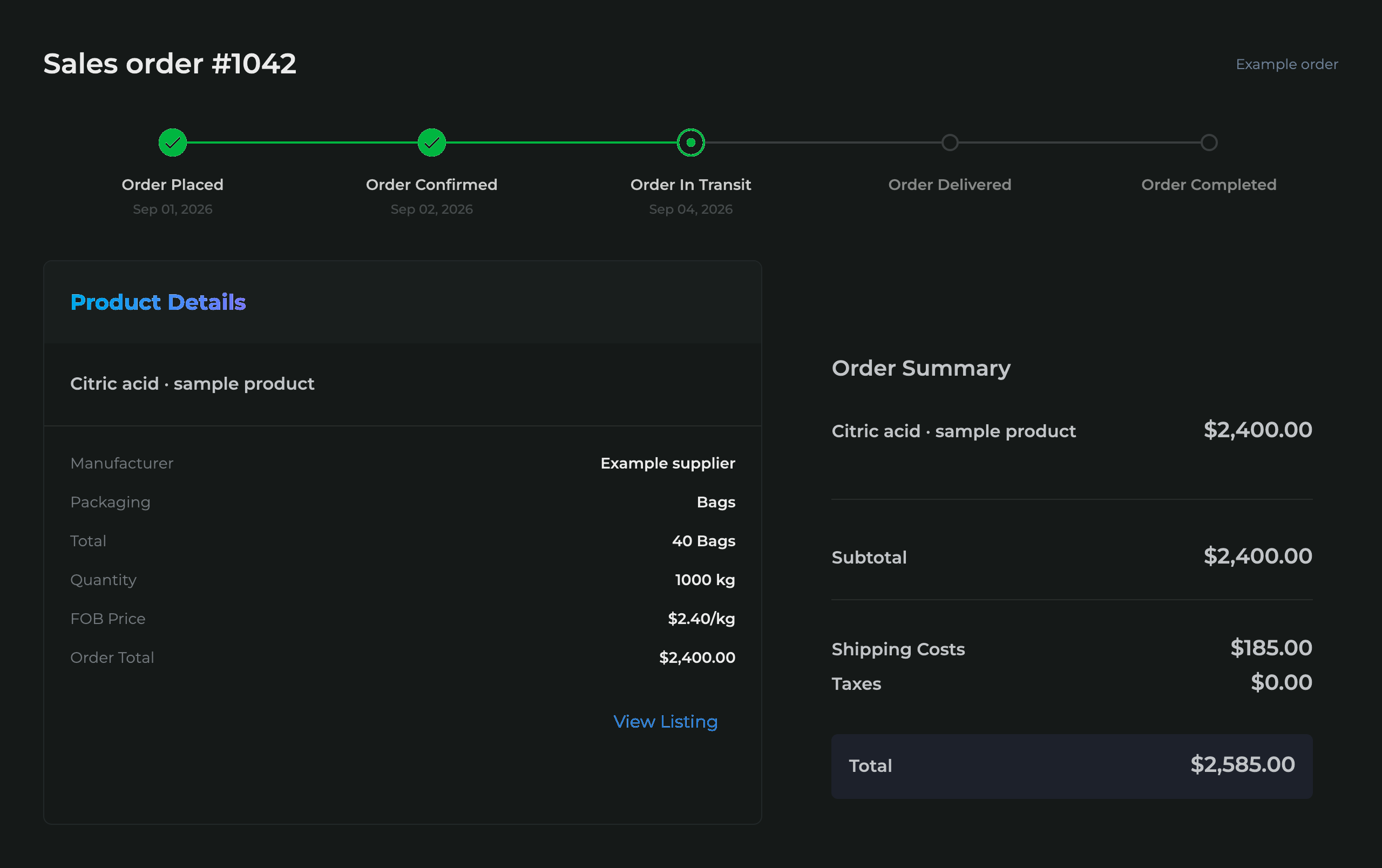 Bluepallet order components showing product quantity, pricing breakdown and order progress