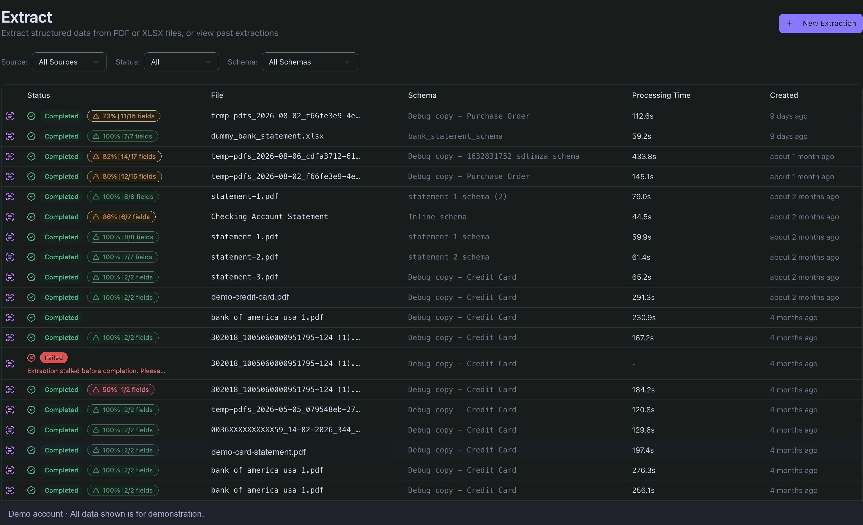 TrueParse demo extraction history showing document names, processing status and available result actions