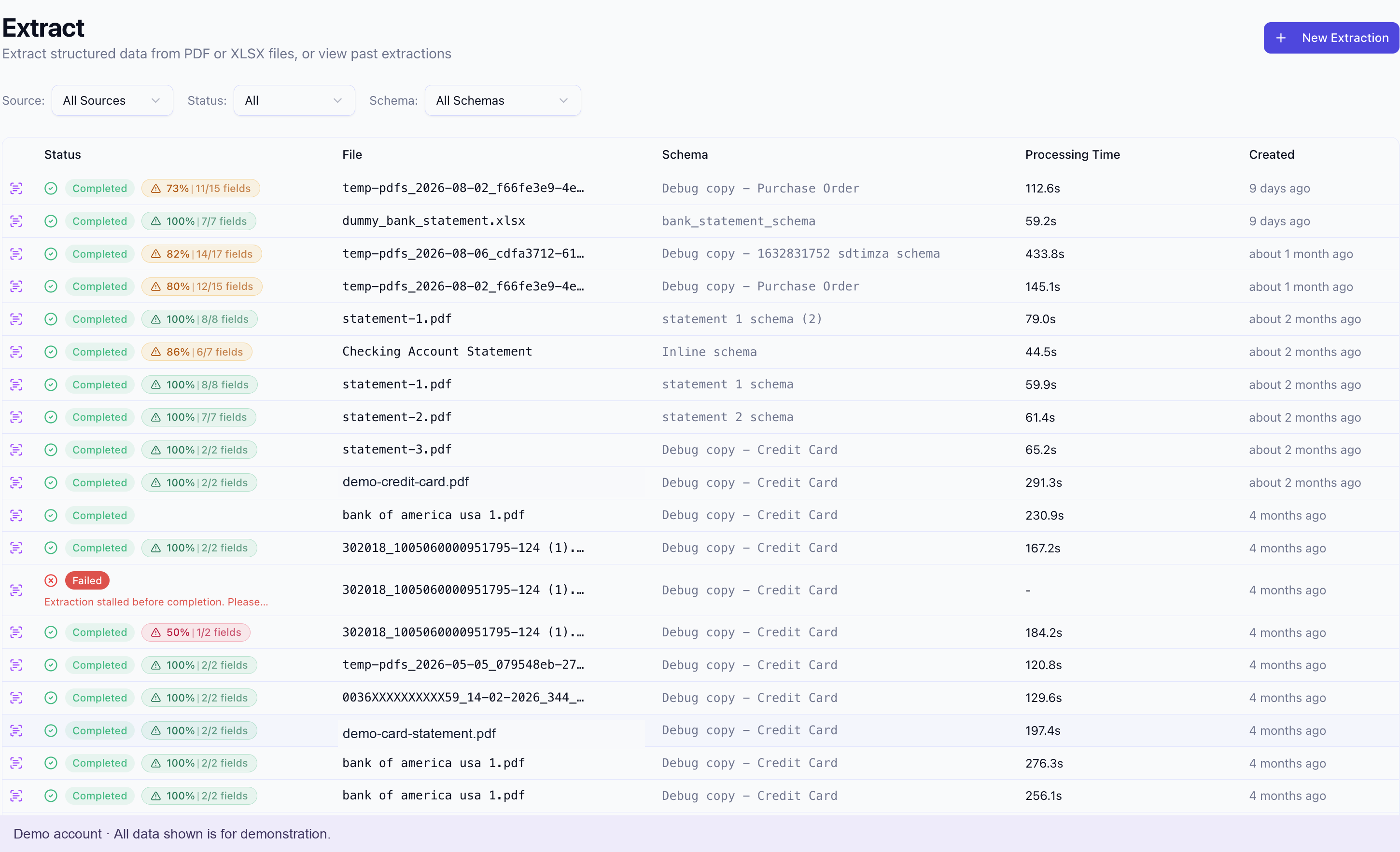 TrueParse demo extraction history showing document names, processing status and available result actions
