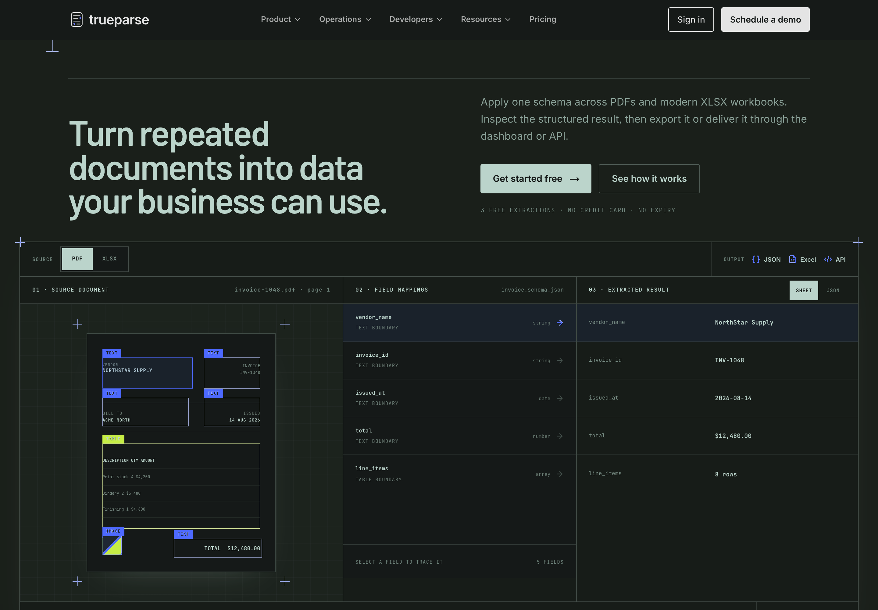TrueParse's public website introducing document extraction and showing an example invoice alongside its structured result