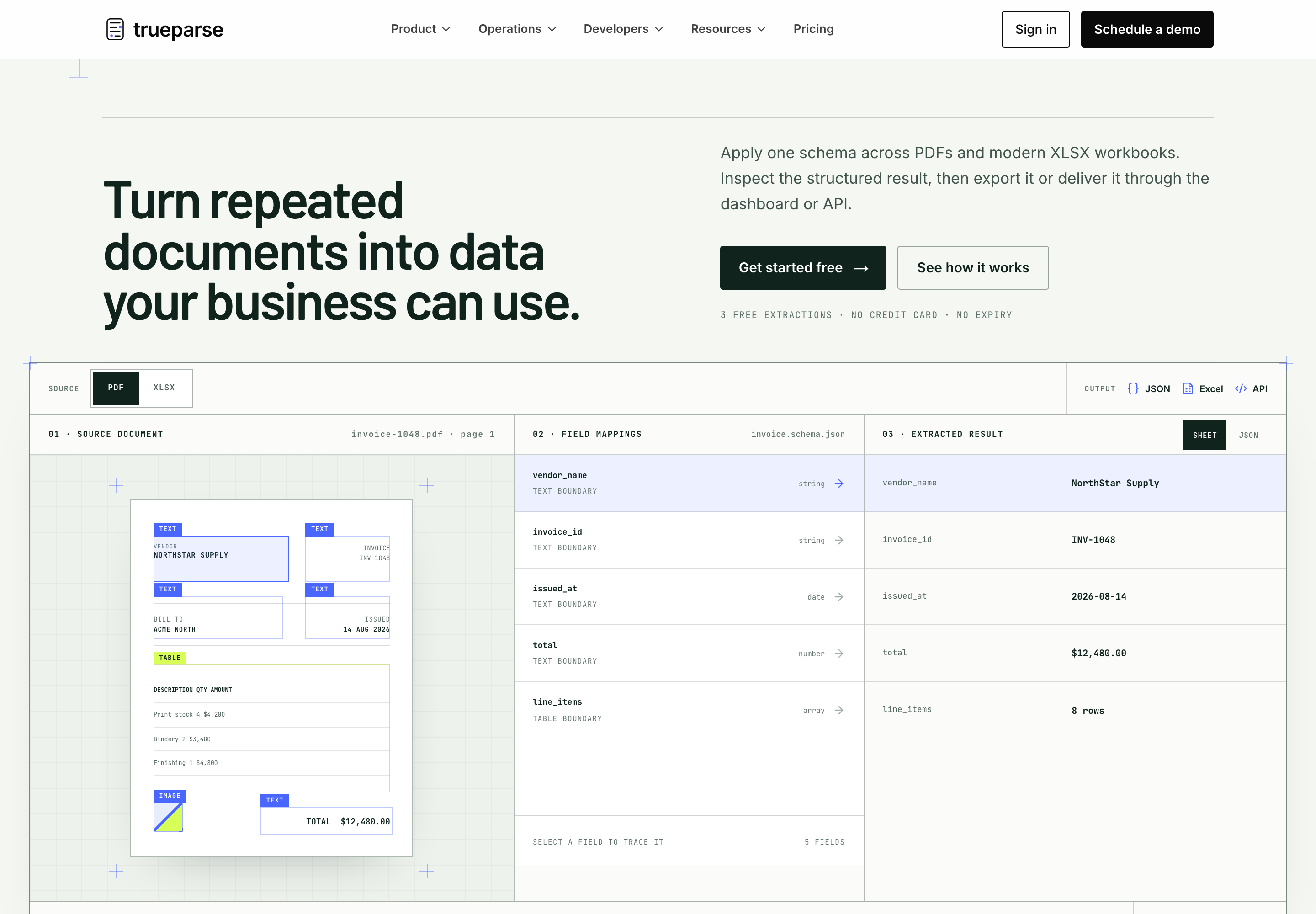TrueParse's public website introducing document extraction and showing an example invoice alongside its structured result