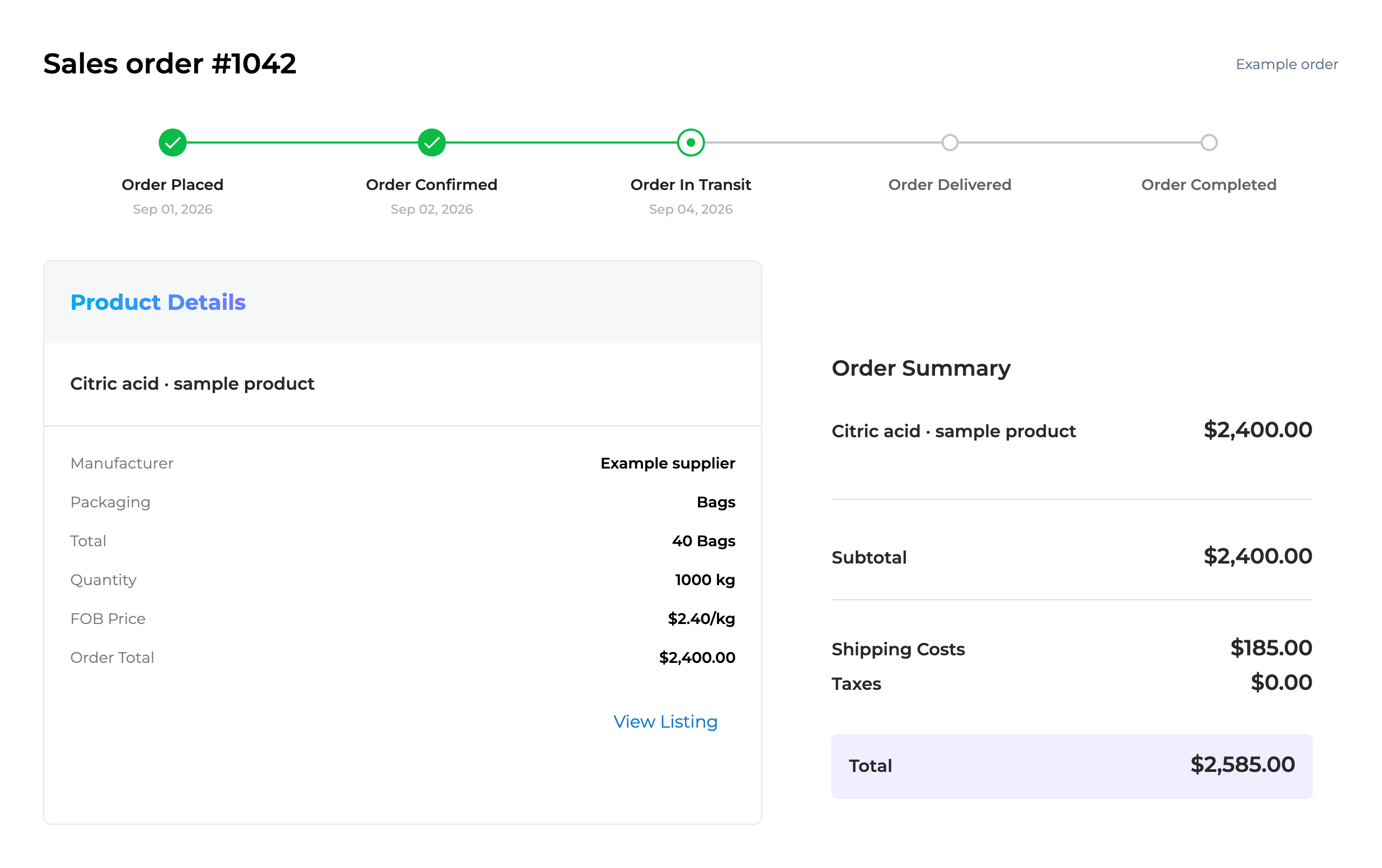 Bluepallet order components showing product quantity, pricing breakdown and order progress