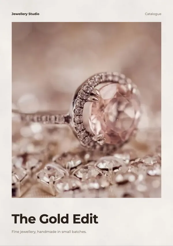 Cover of the sample catalogue, The Gold Edit, with a rose gold ring