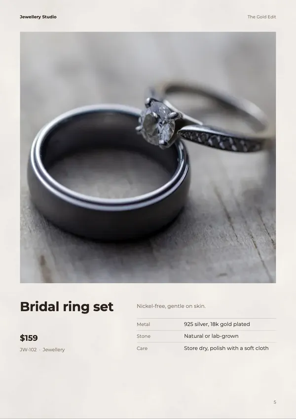 A feature page for the bridal ring set, $159