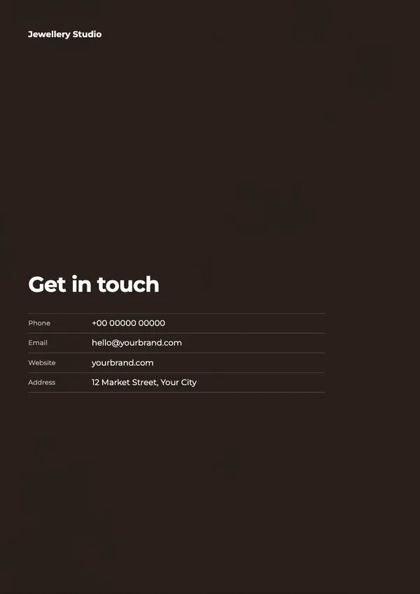 Back page with placeholder phone, email, website and address